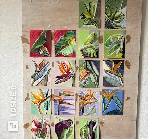 Installation artistique de gouaches sur les plantes africaines, par Francisca